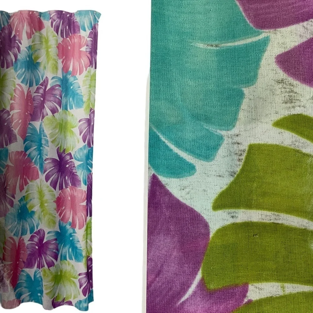 Shower Curtain Tropical Colorful Leaf Print Fabric Teal Pink Green 70 X 72 in